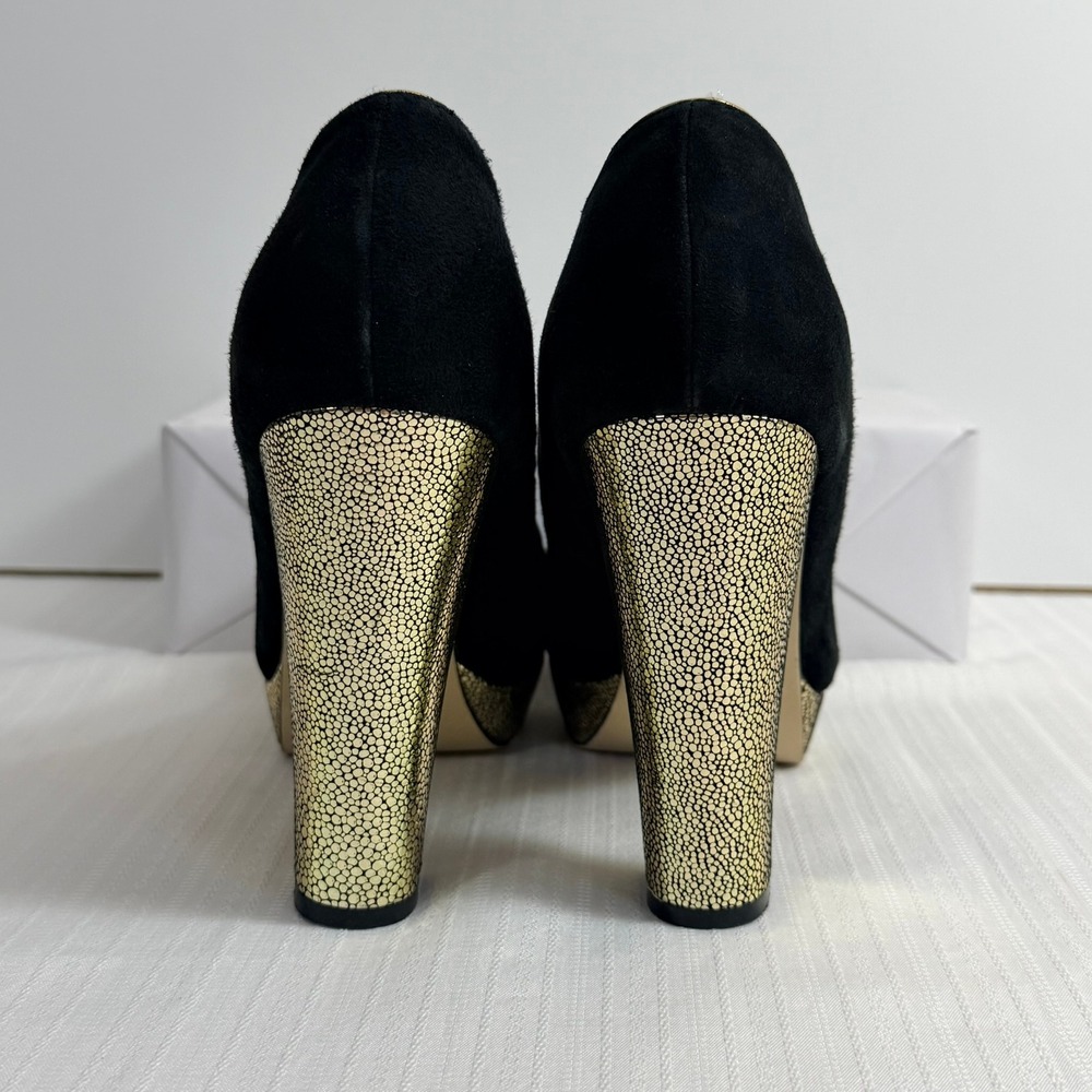 Menbur Womens Heels 40 Suede Peep Toe Platform Bow Gold Block Heel Black - Picture 3 of 7